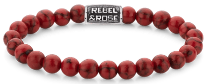 Armband med röda 8 mm ädelstenspärlor och grått rostfritt stållås, Rebel&Rose