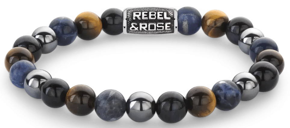 Armband med runda ädelstenspärlor, grått rostfritt stållås och Rebel&Rose-logotyp