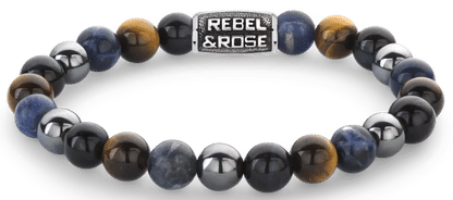 Armband med runda ädelstenspärlor, grått rostfritt stållås och Rebel&Rose-logotyp