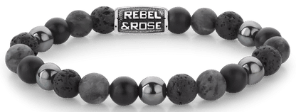 Armband med mörka stenpärlor och grått rostfritt stålspänne, runda pärlor