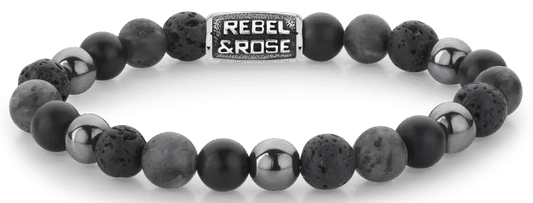 Armband med svarta och grå stenpärlor samt grått rostfritt stållås med Rebel&Rose-hänge