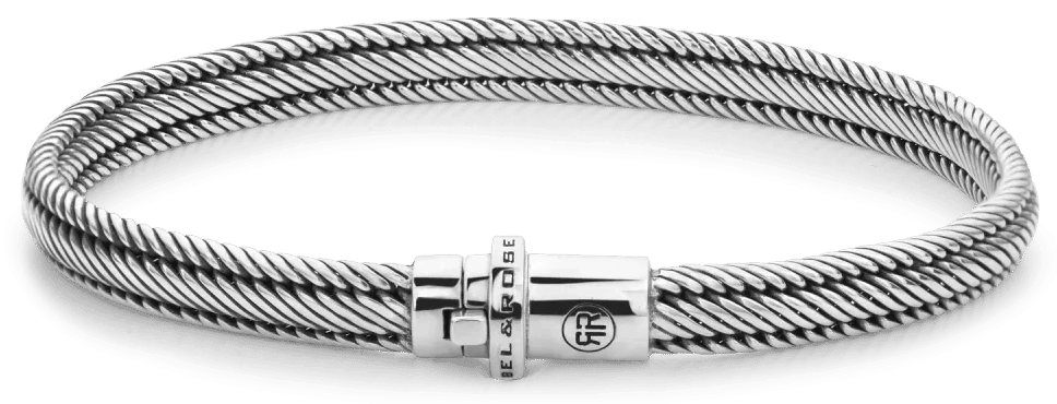 Silverfärgat 6 mm armband med flätad snodd och insticksspänne med logotyp