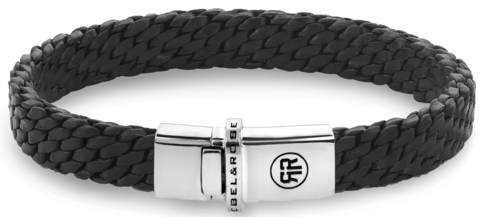 Svart flätat läderarmband med silverfärgat trycklås, 2 mm snören