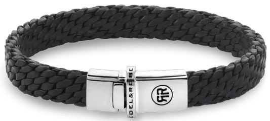 Svart flätat läderarmband med silverfärgat trycklås, 2 mm snören