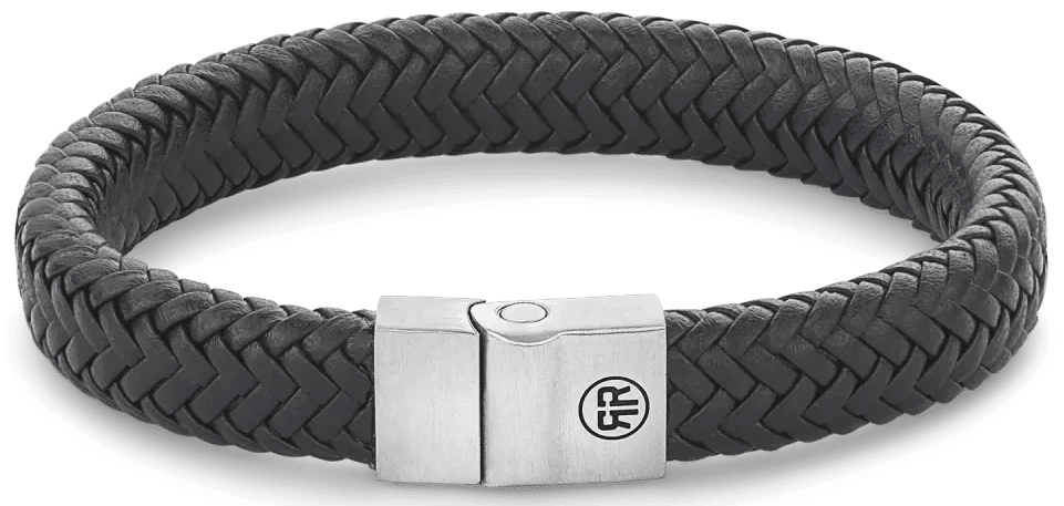 Svart flätat läderarmband med lås i rostfritt stål