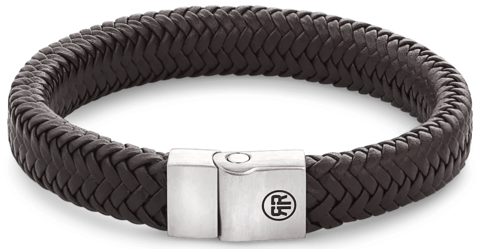Läderarmband av flätat mörkbrunt läder med rostfritt stålspänne och tryckknapp