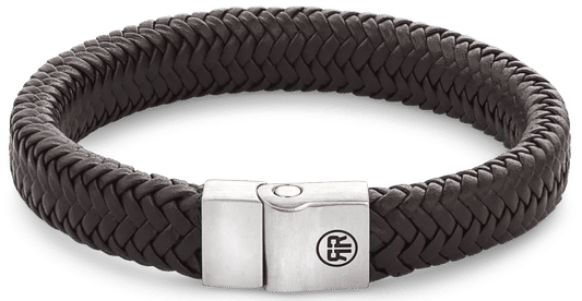 Läderarmband av flätat mörkbrunt läder med rostfritt stålspänne och tryckknapp