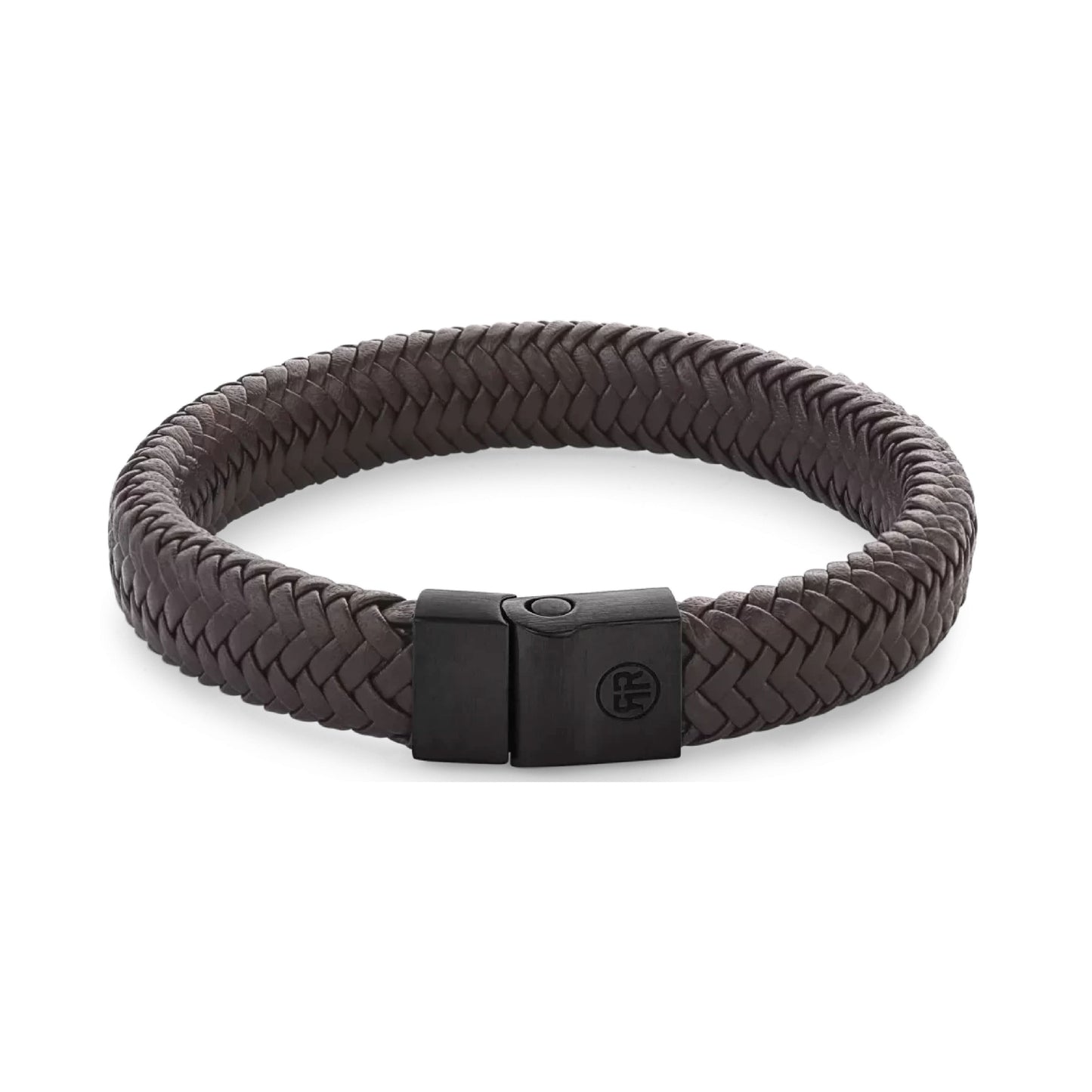 Flätat läderarmband, mörkbrunt, med svart rostfritt stålspänne och prägling