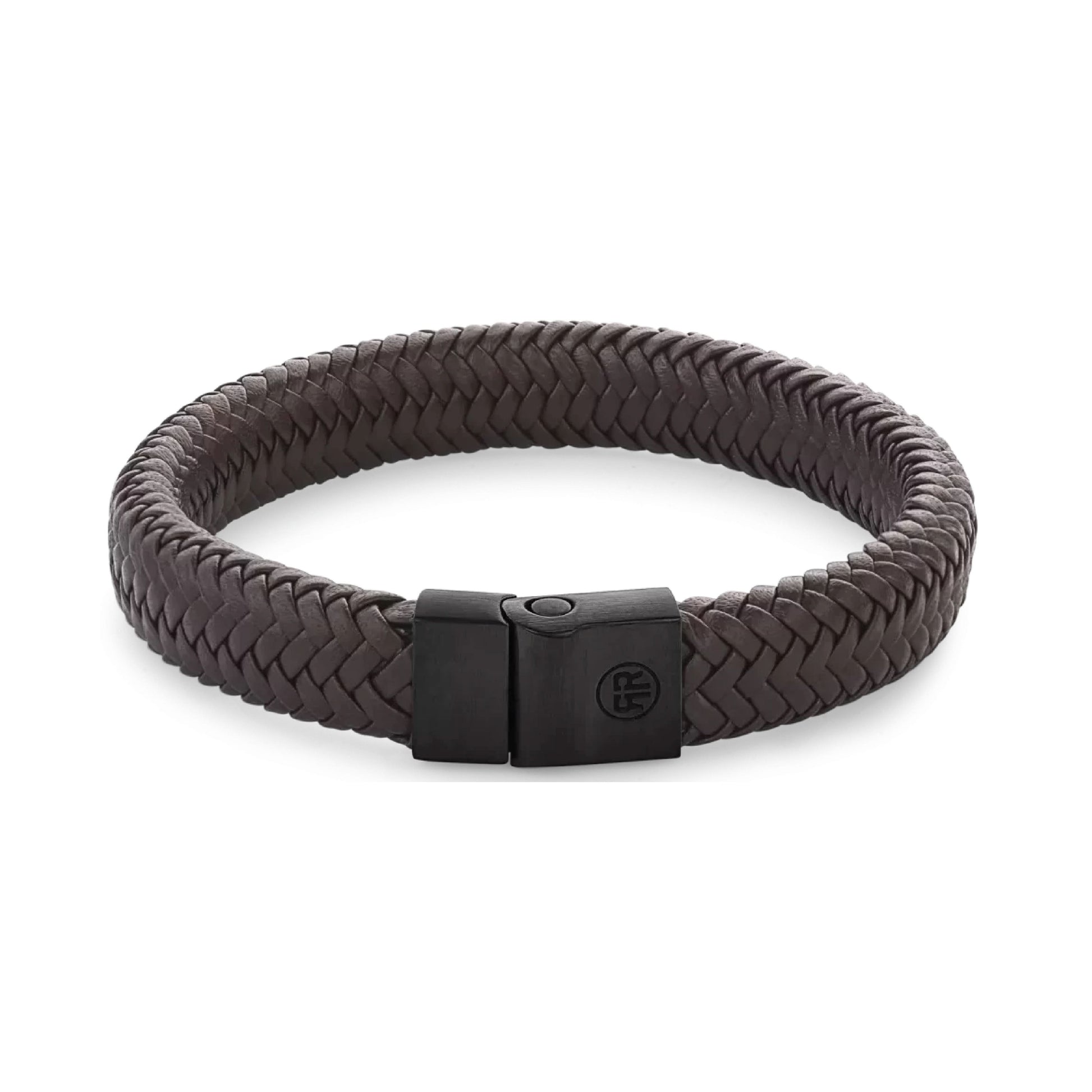 Flätat läderarmband, mörkbrunt, med svart rostfritt stålspänne och prägling