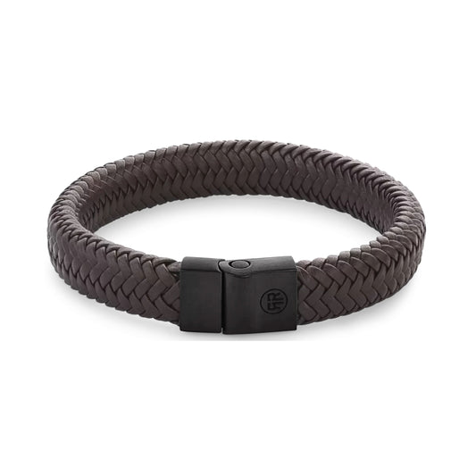 Flätat läderarmband, mörkbrunt, med svart rostfritt stålspänne och prägling