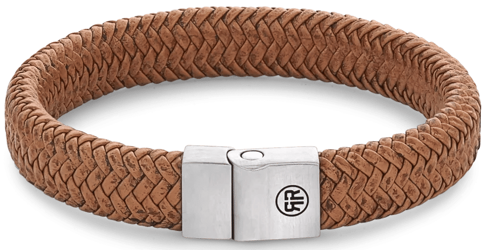 Brunt flätat läderarmband med spänne i rostfritt stål och rund logotyp