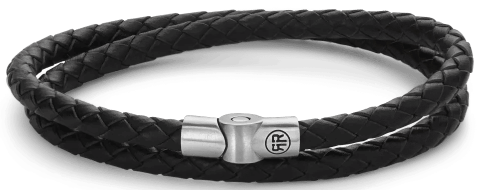 Armband i flätat svart läder med lås i rostfritt stål