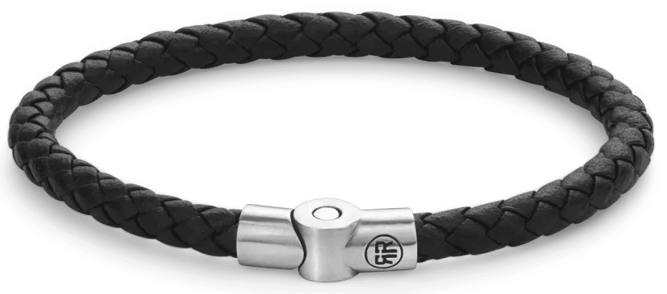 Armband av flätat svart läderband med rostfritt stållås och rund mittdel