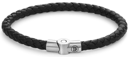 Armband av flätat svart läderband med rostfritt stållås och rund mittdel