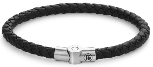 Armband av flätat svart läderband med rostfritt stållås och rund mittdel
