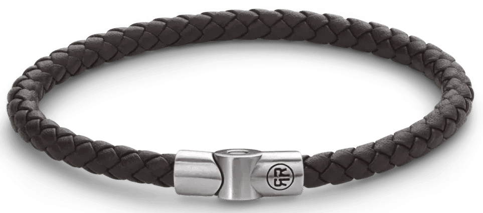 Armband av flätad mörkbrun lädersnodd med lås i rostfritt stål