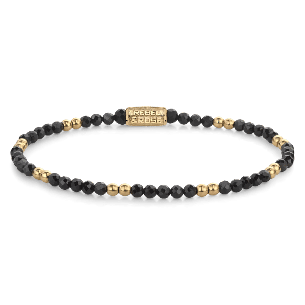 Armband med svarta fasetterade ädelstenspärlor och guldfärgade pärlor, Rebel&Rose
