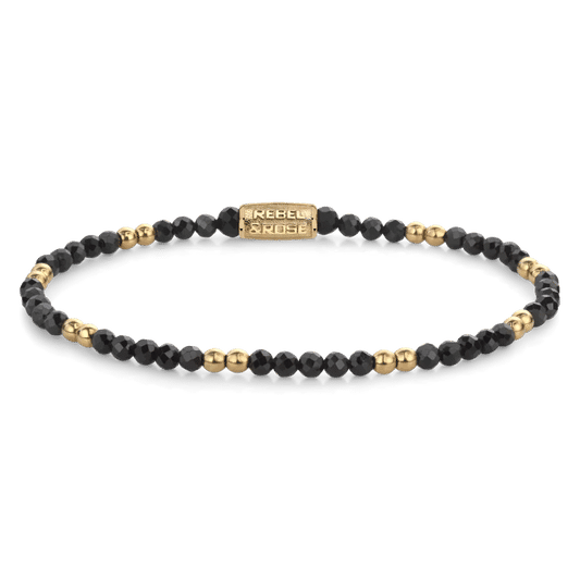 Armband med svarta fasetterade ädelstenspärlor och guldfärgade pärlor, Rebel&Rose