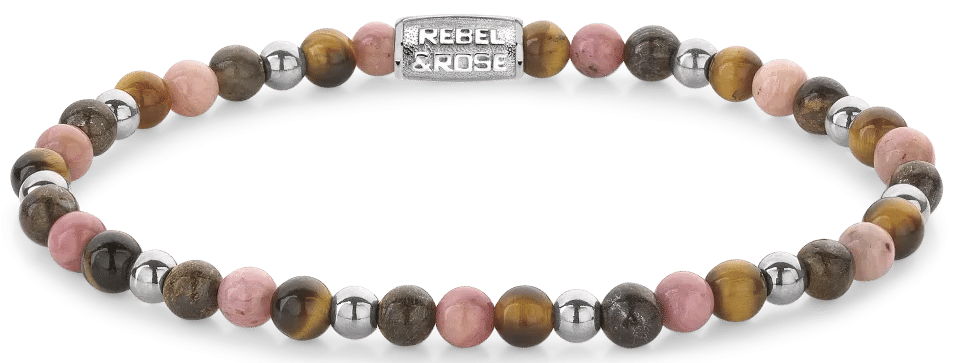 Armband av stenpärlor (4 mm) med lås i rostfritt stål, rosa, grå och gulddetaljer