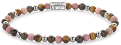 Armband av stenpärlor (4 mm) med lås i rostfritt stål, rosa, grå och gulddetaljer