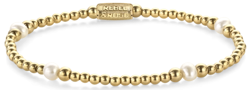 Armband från Rebel&Rose med vita sötvattenspärlor och guldfärgade pärlor i rostfritt stål, länkkedja