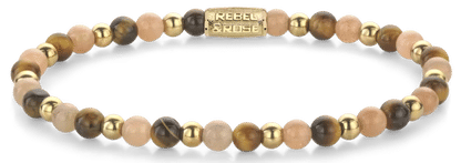 Armband med runda stenpärlor i bruna, guldiga och rosa toner, med en guldfärgad pärlrad