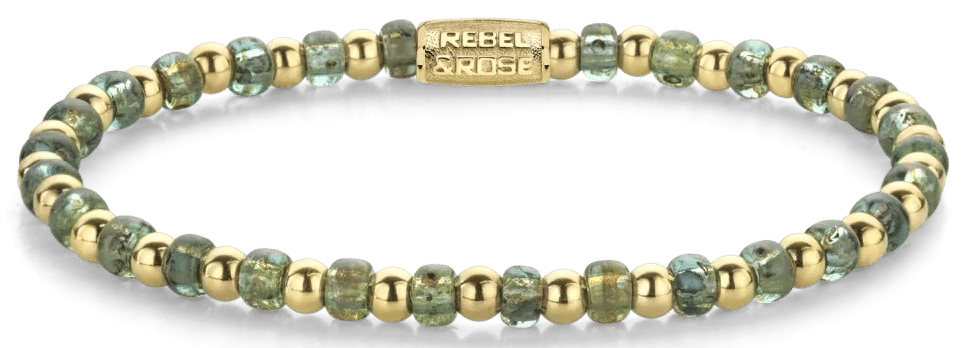Armband med gröna glasstenar, guldfärgade rostfria stålpärlor och lås