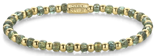 Armband med gröna glasstenar, guldfärgade rostfria stålpärlor och lås