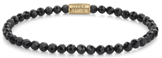 Armband med fasetterade svarta spinellpärlor och lås i rostfritt stål, Rebel&Rose-tagg