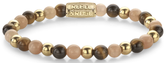 Armband med runda stenpärlor i beige, brunt, grått och guldfärgat lås