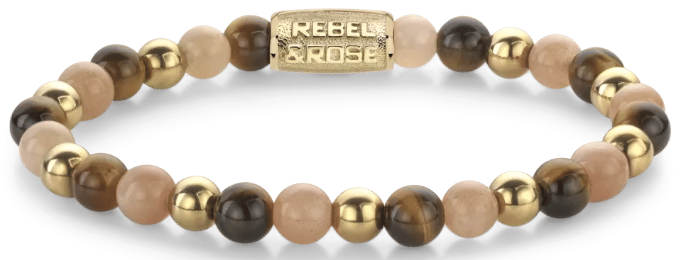 Armband med stenpärlor, guldfärgat lås, REBEL & ROSE-gravyr
