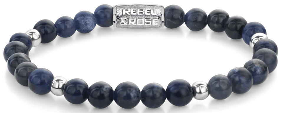 Armband av blå sodalitstenar med rostfritt stållås; runda pärlor, REBEL ROSE-clip