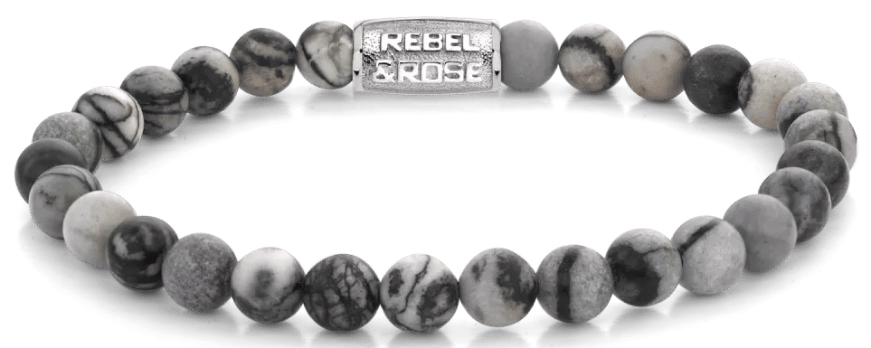 Armband av agatpärlor med rostfritt stållås, gråbrunmarmorerat, Rebel&Rose-spänne