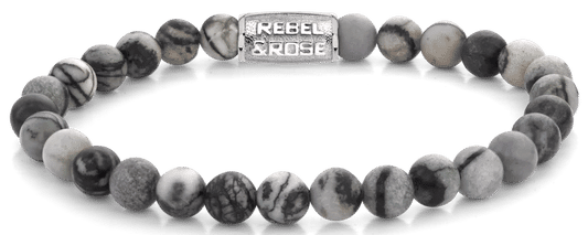 Armband med grå agatpärlor och lås i rostfritt stål med Rebel&Rose-berlock