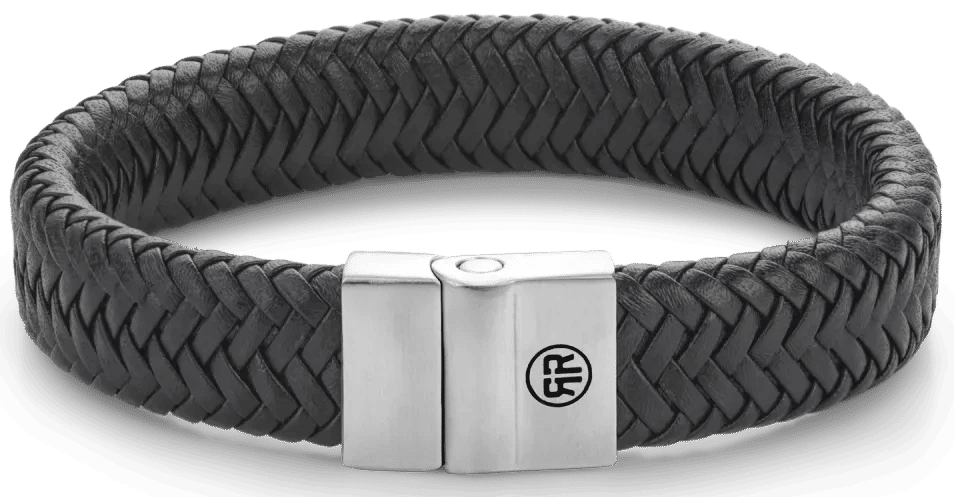 Svart flätat läderarmband med spänne i rostfritt stål, rektangulärt, med logotyp