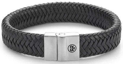 Svart flätat läderarmband med spänne i rostfritt stål, rektangulärt, med logotyp