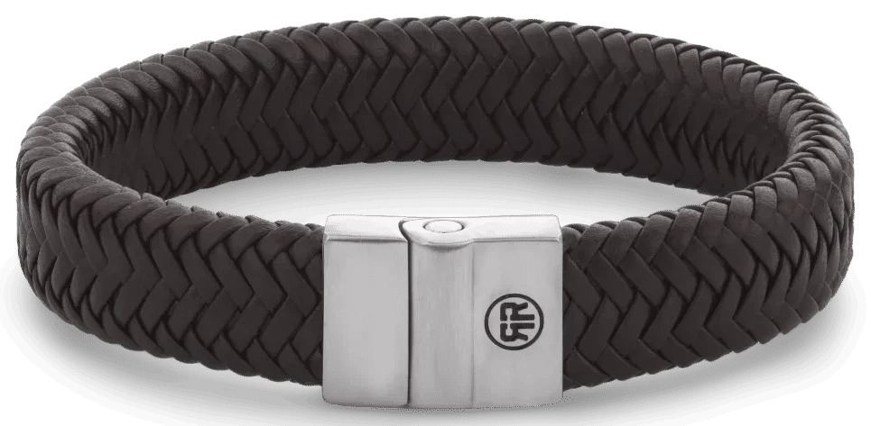 Läderarmband av flätat, mörkbrunt läder med rostfritt stållås