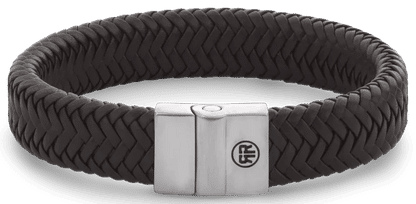 Läderarmband av flätat, mörkbrunt läder med rostfritt stållås