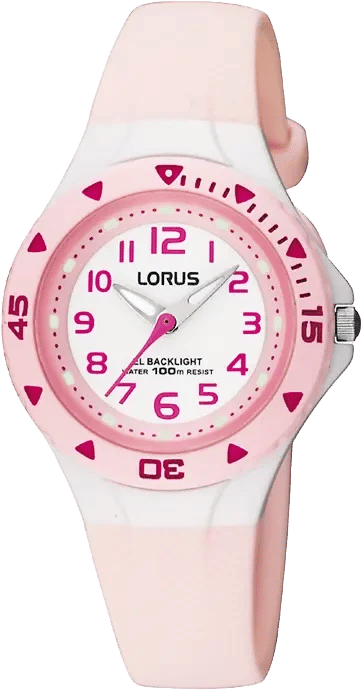Lorus barnklocka med ljusrosa plastarmband och rund urtavla, rosa siffror