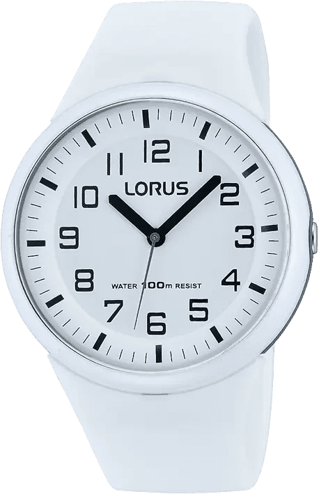 Lorus kvartsklocka med vitt plastarmband och analog urtavla, vattentålig