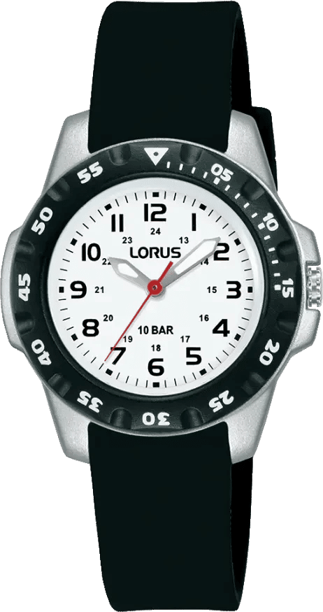 Lorus herrklocka med svart silikonarmband, rund urtavla och röd sekundvisare