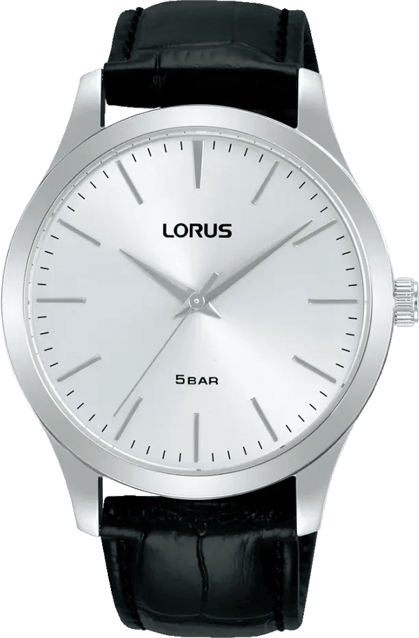 Herrklocka Lorus med silverfärgat hölje, vit urtavla och svart läderarmband
