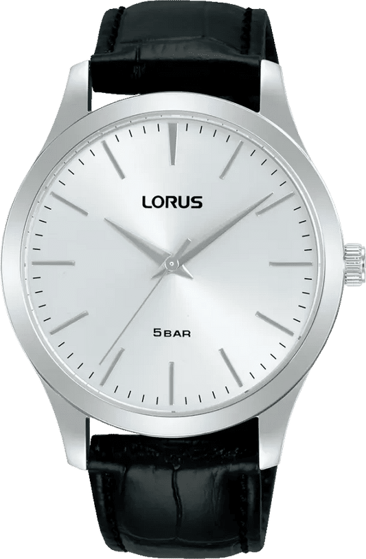 Herrklocka Lorus med silverfärgat hölje, vit urtavla och svart läderarmband