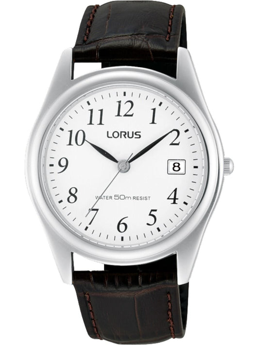 Herrenarmbanduhr mit weißem Zifferblatt und braunem Lederband, 50-m-wasserbeständig