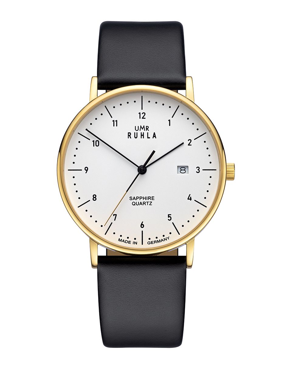 Armbandsur med svart läderarmband, guldfärgat boett och vit urtavla (safirglas, kvartsur)