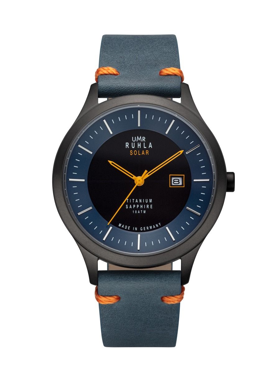 UMR Ruhla RUHLA-Solar armbandsur med mörkblå urtavla och grått tygarmband, orangea detaljer