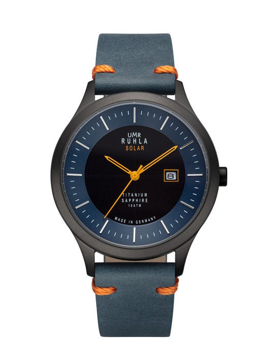 UMR Ruhla RUHLA-Solar armbandsur med mörkblå urtavla och grått tygarmband, orangea detaljer