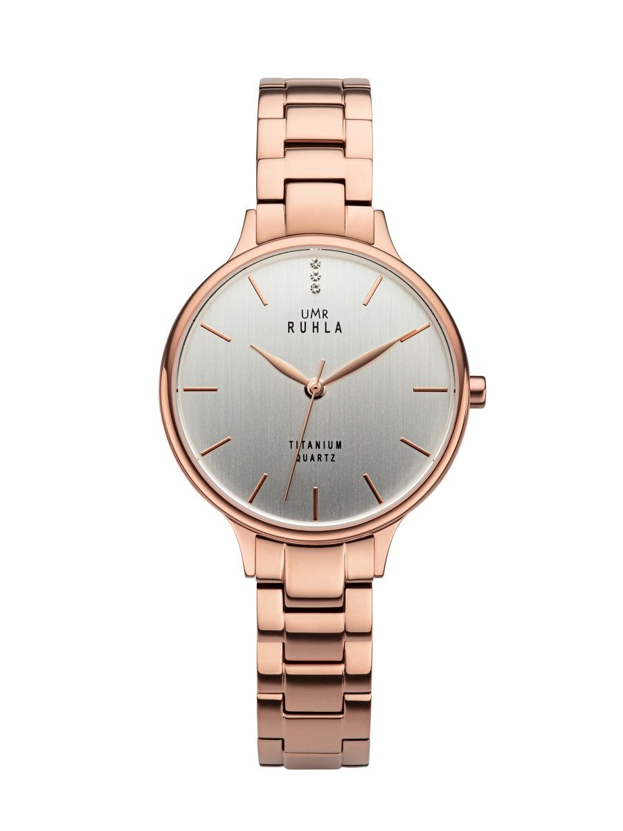 Damur med rund urtavla och metallarmband, roséguldfärgad, med indexmarkeringar