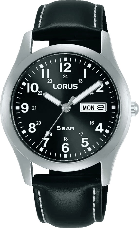 Lorus herrur med svart urtavla, datumvisning ”MON”, boett i silver och läderband