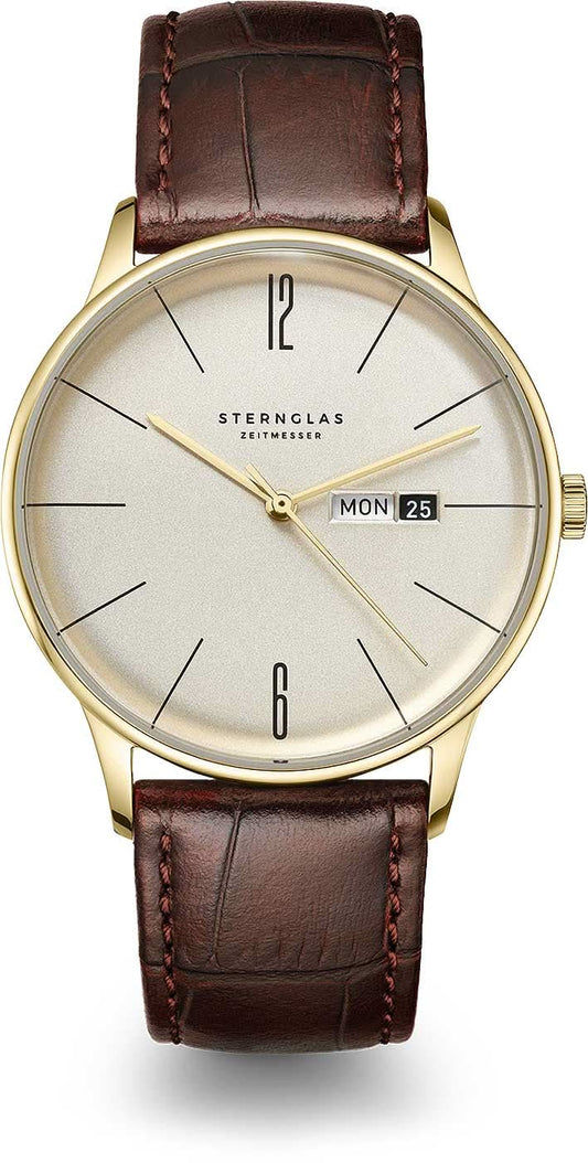 Unisexklocka med beige urtavla, guldfärgad infattning och brunt läderarmband